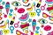 Seamless pattern of fashion patch badges. lips, kiss, heart, speech bubble, star, ice cream, lipstick, eye. Vector