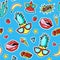 Seamless pattern with fashion patch badges with pineapple, lips, hearts, speech bubbles.