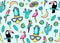 Seamless pattern with fashion patch badges with toucan, flamingo, parrot, exotic leaves, hearts, stars, speech bubbles, pineapple.