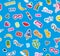 Seamless pattern with Fashion patches. stickers, pins and handwritten notes collection in cartoon 80s-90s comic style