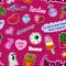 Seamless pattern with Fashion patches. stickers, pins and handwritten notes collection in cartoon 80s-90s comic style