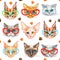 Seamless pattern with fashionable cats in glasses. Watercolor. Vector.