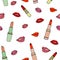 Seamless pattern.Fashionable set of lipsticks and lips. Vector stock illustration eps10. Hand drawing. White background.