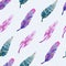 Seamless pattern with feathers. Blue, pink and purple feathers.