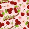 Seamless Pattern Features Vibrant Cherries on Pink Background, Arranged In An Aesthetically Pleasing Formation