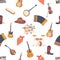 Seamless Pattern Featuring Country Music Instruments Such As Guitar, Banjo, Drums And Fiddle, Vector Illustration