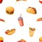 Seamless Pattern Featuring Delightful Array Of Colorful And Appetizing Fast Food Items, Including Burger, Fries, Hot Dog