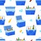 Seamless Pattern Featuring Portable Closed and Open Refrigerators with Beverage Bottles and Cans, Perfect For Picnics