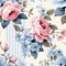 Seamless pattern featuring small repeating roses in shades of blue and pale pink. This vintage-inspired wallpaper design evokes a