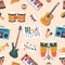 Seamless Pattern Featuring Variety Of Musical Instruments, Perfect For Reggae Music Lovers. Vibrant And Rhythmic Design