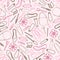 Seamless pattern with female objects. Cosmetics, shoes, bags, flowers. Mascara eye pencil lipstick cream tube shadows brushe