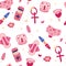 Seamless pattern with feminine hygiene items. Wallpaper with menstruation, tampons, pads, menstrual cups. For fabric, wrapping