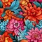 Seamless pattern of festive blue, orange and red flowers