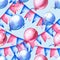 Seamless pattern with festive flags, garlands and balloons in blue and pink colors. Handmade watercolor illustration. On