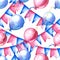 Seamless pattern with festive flags, garlands and balloons in blue and pink. Handmade watercolor illustration. For