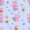 Seamless pattern with festive pigs. Smiling birthday piggy in gift box with balloons and bouquet flowers on blue