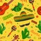 Seamless pattern Fiesta party with mexican guitar, maracas, sombrero, mustache and cactuses.