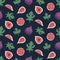 Seamless pattern with figs and leaves on a dark blue background.