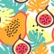 Seamless pattern with figs, monstera leaves, melon and papaya.