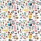 Seamless pattern with figures, flowers, leaves, animals, houses, triangles