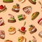Seamless pattern with finger food. Sketch style repeated background. Bruschetta, sandwich, canapes and tapas. Vector