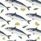 Seamless pattern of fish mackerel and lemon and bay leaf, hand drawn. Can be used for packaging, menu, restaurant and cafe, market