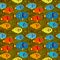 Seamless pattern Fish red blue yellow orange on a black multicolored bright background in polka dots. Vector