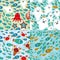 Seamless pattern with fish, sea lions, octopus, starfish, corals in the background water.