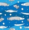 Seamless pattern with fishes on blue waves background