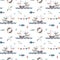 Seamless pattern with a fishing boat, garlands of flags, seagulls, waves, a lifebuoy and fish on a white background