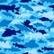 Seamless  pattern of fishing camouflage. Blue camo of freshwater fish