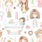 Seamless pattern with five cartoon girls who do beauty treatments and various cosmetics