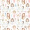 Seamless pattern with five cartoon girls who do beauty treatments and various cosmetics