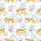 Seamless pattern with flamingo, cheetahs, leopards and tropical leaves