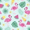 Seamless pattern with flamingo, ice cream, fruit, tropical leaf