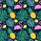 Seamless pattern with flamingo, pineapple, lemon and green palm leaves