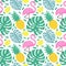Seamless pattern with flamingo, pineapple, lemons and green palm