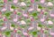 Seamless pattern with flamingos and lotuses on a gray background.