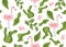 Seamless pattern with flamingos. Vector illustration with flamingo bird, plant leaves, flowers