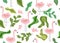 Seamless pattern with flamingos. Vector illustration with flamingo bird, plant leaves, flowers