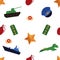 Seamless pattern with flat army, military objects