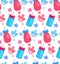 Seamless pattern with flat baby bottles and pacifiers