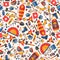 Seamless pattern of flat camping and hiking equipment