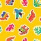 Seamless pattern with flat cartoon camels and succulents stickers. Vector illustration