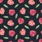 Seamless pattern flat Chinese peaches with leaves on a dark background, illustration in gouache.