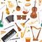Seamless pattern with flat musical orchestra instruments and notes. Strings, percussion and wind instrument. Cartoon