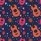 Seamless pattern with flat ukuleles with musical notes and hearts on dark violet background. Love music. Musical string instrument