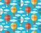 Seamless pattern in flat vector. Air balloon, aerostat flying in the blue sky among the clouds. Travel by air. Fun, kids