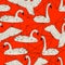 Seamless pattern with floating white swans. Hand drawn birds