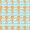 Seamless pattern with flock of cartoon seahorses on blue background.